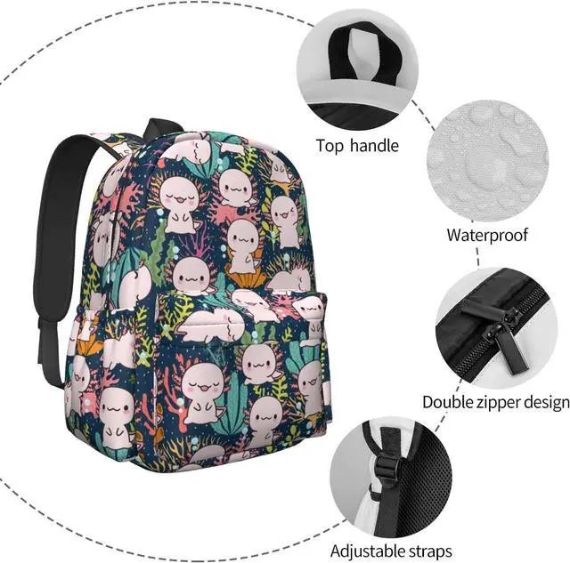 Alt view image 5 of 6 - MISOLAXI Axolotl Backpack Casual Daypacks, College Bag Laptop Backpacks, Backpacks for Boys Girls Children and Adult, with Adjustable Padded Straps