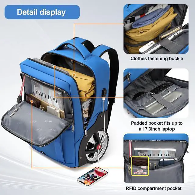 Alt view image 2 of 7 - Rolling Backpack, Travel Backpack with Wheels, Rolling Backpack for Women Men, Carry on Luggage with Rolling Laptop Backpack for Travel Work, Fit 17.3 Inch Notebook Men Women (Blue)