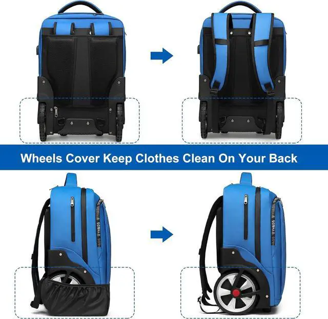 Alt view image 3 of 7 - Rolling Backpack, Travel Backpack with Wheels, Rolling Backpack for Women Men, Carry on Luggage with Rolling Laptop Backpack for Travel Work, Fit 17.3 Inch Notebook Men Women (Blue)
