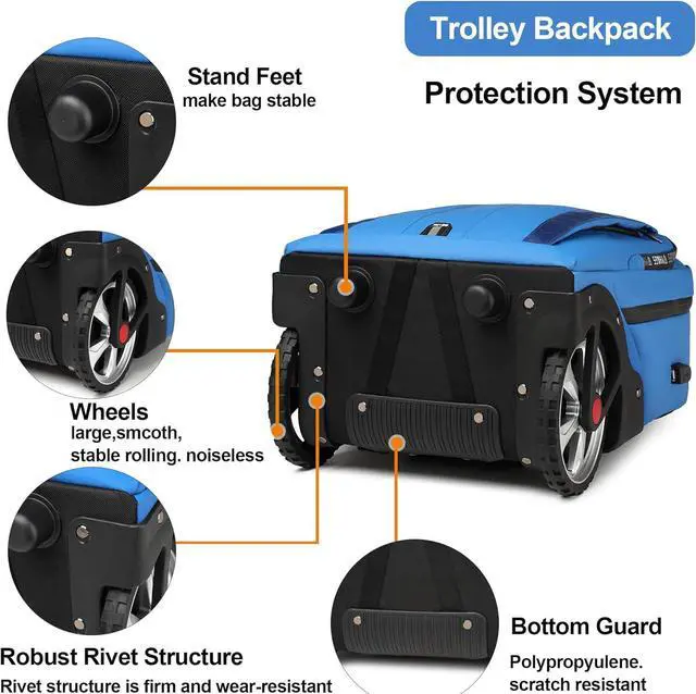 Alt view image 6 of 7 - Rolling Backpack, Travel Backpack with Wheels, Rolling Backpack for Women Men, Carry on Luggage with Rolling Laptop Backpack for Travel Work, Fit 17.3 Inch Notebook Men Women (Blue)