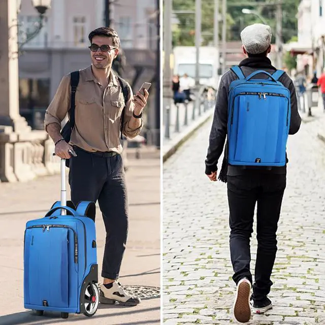 Alt view image 7 of 7 - Rolling Backpack, Travel Backpack with Wheels, Rolling Backpack for Women Men, Carry on Luggage with Rolling Laptop Backpack for Travel Work, Fit 17.3 Inch Notebook Men Women (Blue)