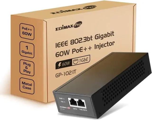 Main image of Edimax Pro Gigabit PoE++ 60W (30W/15W Compatible) Injector Adapter, Adds Power to PoE Powered Device (PD) Device for up to 100 Meters (328ft), Supports 802.3af 802.3at 802.3bt, GP-102IT