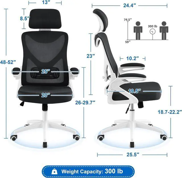 Alt view image 3 of 7 - Yaheetech Ergonomic Mesh Office Chair, High Back Desk Chair with flip-up Armrests, Adjustable Padded Headrest Computer Chair with Lumbar Support for Home Oiffce Game Room, White/Black