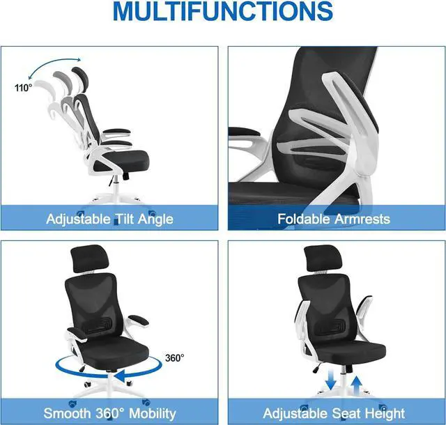 Alt view image 4 of 7 - Yaheetech Ergonomic Mesh Office Chair, High Back Desk Chair with flip-up Armrests, Adjustable Padded Headrest Computer Chair with Lumbar Support for Home Oiffce Game Room, White/Black