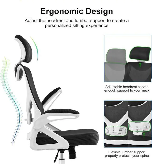 Alt view image 6 of 7 - Yaheetech Ergonomic Mesh Office Chair, High Back Desk Chair with flip-up Armrests, Adjustable Padded Headrest Computer Chair with Lumbar Support for Home Oiffce Game Room, White/Black