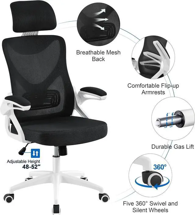 Alt view image 7 of 7 - Yaheetech Ergonomic Mesh Office Chair, High Back Desk Chair with flip-up Armrests, Adjustable Padded Headrest Computer Chair with Lumbar Support for Home Oiffce Game Room, White/Black