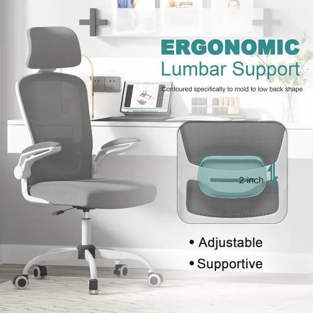 Alt view image 3 of 7 - Mimoglad Office Chair, High Back Ergonomic Desk Chair with Adjustable Lumbar Support and Headrest, Swivel Task Chair with flip-up Armrests for Guitar Playing