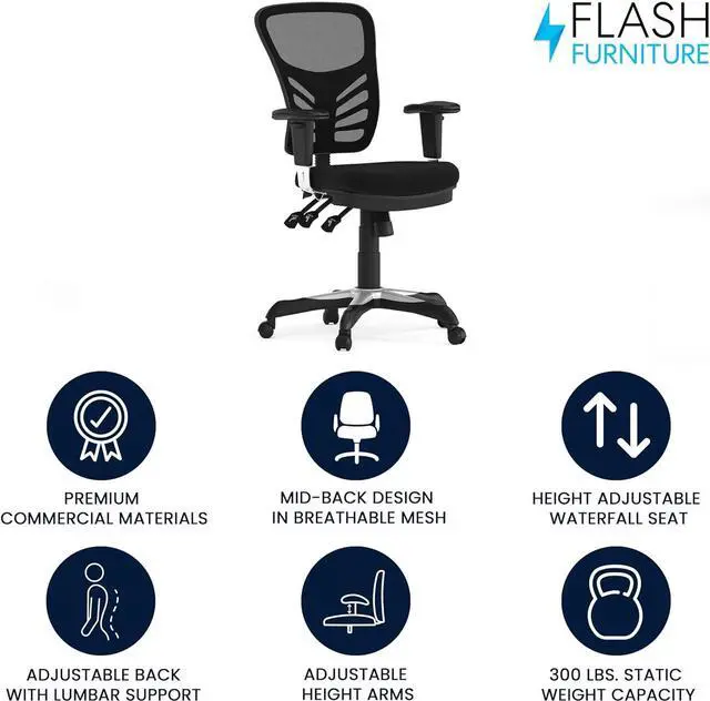 Alt view image 4 of 7 - Flash Furniture Nicholas Mid-Back Swivel Desk Chair with Wheels, Mesh Back, Padded Seat, and Armrests, Adjustable Height Mesh Ergonomic Office Chair, Black