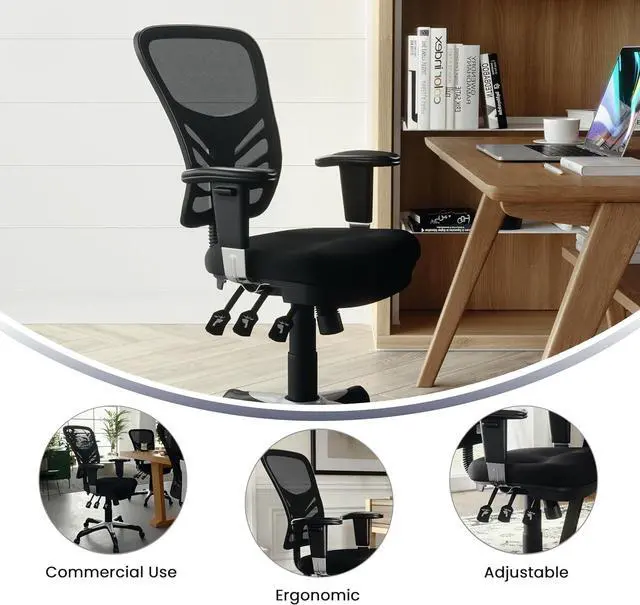 Alt view image 5 of 7 - Flash Furniture Nicholas Mid-Back Swivel Desk Chair with Wheels, Mesh Back, Padded Seat, and Armrests, Adjustable Height Mesh Ergonomic Office Chair, Black