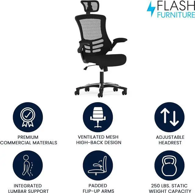 Alt view image 4 of 7 - Flash Furniture Kelista High-Back Swivel Office Chair with Adjustable Lumbar Support and Seat Height, Ergonomic Mesh Desk Chair, Black