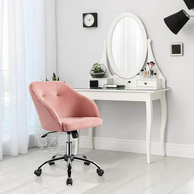 Alt view image 4 of 7 - Yaheetech Pink Office Chair Small Cute Vanity Chair with Back Wheels Velvet Swivel Rolling Desk Computer Armchair for Bedroom Living Room
