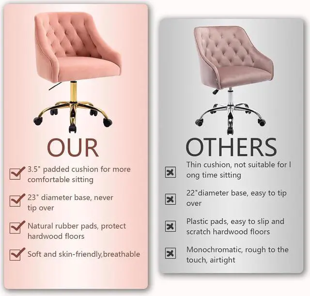 Alt view image 6 of 7 - MOJAY Velvet Office Swivel Chair, Vanity Fabric Desk Pretty Fancy Gold Office Chairs for Girls, 360°Swivel Height Adjustable Reception Chair (Pink)
