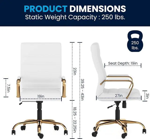 Alt view image 2 of 7 - EMMA + OLIVER High Back White Faux Leather Executive Office Chair | Gold Base, Height Adjustable, 360° Swivel, Padded Seat and Armrests