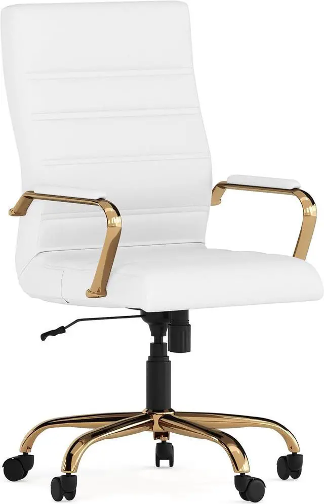 Alt view image 3 of 7 - EMMA + OLIVER High Back White Faux Leather Executive Office Chair | Gold Base, Height Adjustable, 360° Swivel, Padded Seat and Armrests