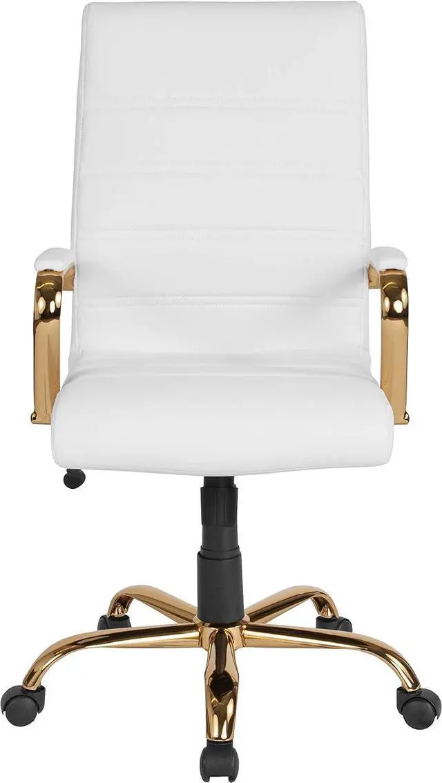 Alt view image 5 of 7 - EMMA + OLIVER High Back White Faux Leather Executive Office Chair | Gold Base, Height Adjustable, 360° Swivel, Padded Seat and Armrests
