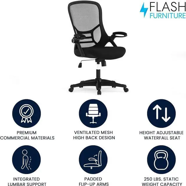 Alt view image 4 of 7 - Flash Furniture Porter High Back Black Mesh Ergonomic Swivel Office Chair with Black Frame and Flip-up Arms