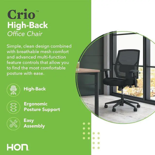 Alt view image 3 of 6 - HON Crio High Back Office Chair Mesh Desk Chair With Wheels and Arms - Ergonomic Office Chair with Adjustable Center-Tilt Recline, Home Office Swivel Chair Comfortable for Long Hours - Black
