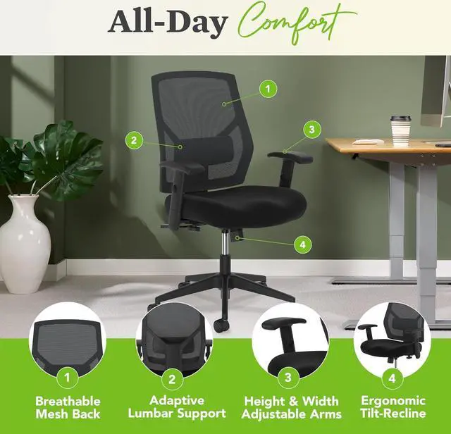 Alt view image 4 of 6 - HON Crio High Back Office Chair Mesh Desk Chair With Wheels and Arms - Ergonomic Office Chair with Adjustable Center-Tilt Recline, Home Office Swivel Chair Comfortable for Long Hours - Black