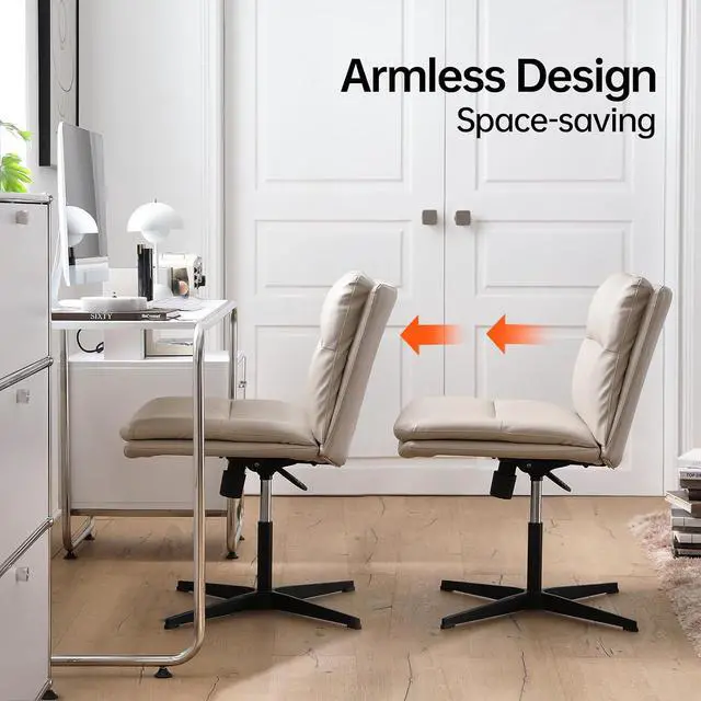 Alt view image 6 of 7 - EMIAH Criss Cross Chair No Wheels Armless Desk Chair Comfy, PU Leather | Vanity Chair Mid-Back for Home Computer Comfortable Adjustable Swivel Task Chair with Thickened Cushion