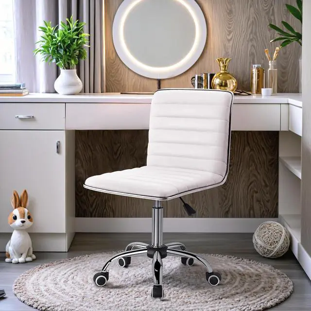 Alt view image 4 of 7 - Furmax Mid Back Vanity Chair for Makeup Room, Low Back PU Leather Swivel Computer Desk, Task and Office Chair Retro with Armless Ribbed (White)