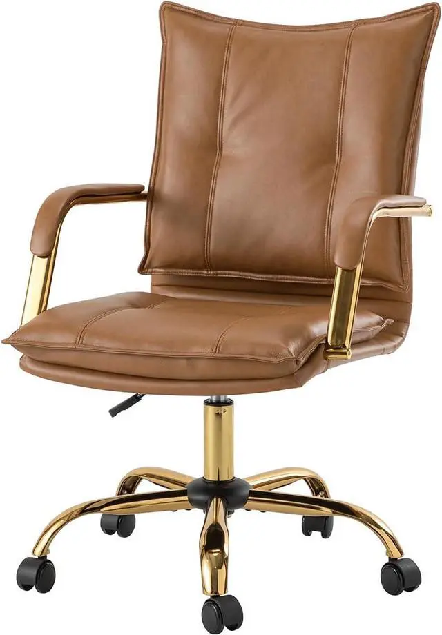 Alt view image 3 of 7 - HULALA HOME Faux Leather Home Office Desk Chair, Adjustable Swivel Computer Chair with Golden Legs and Arms, Comfy Upholstered Task Chair,Camel