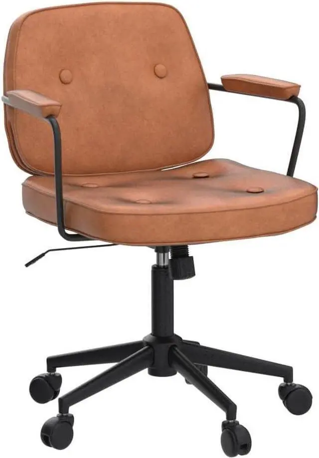 Alt view image 4 of 7 - LukeAlon Adjustable Pu Leather Office Chair, Comfy 360° Swivel Task Chair with Armrest Modern Thickened Seat Desk Chair Tiltable Computer Chair with Button Tufted for Home Office, Light Brown