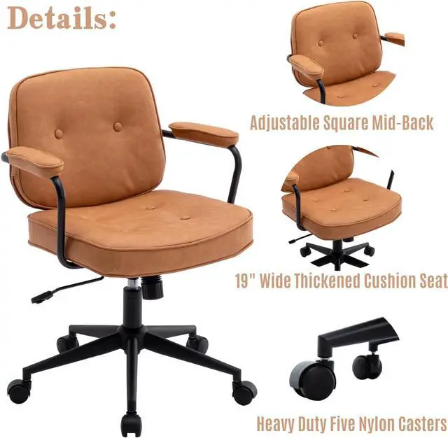 Alt view image 7 of 7 - LukeAlon Adjustable Pu Leather Office Chair, Comfy 360° Swivel Task Chair with Armrest Modern Thickened Seat Desk Chair Tiltable Computer Chair with Button Tufted for Home Office, Light Brown