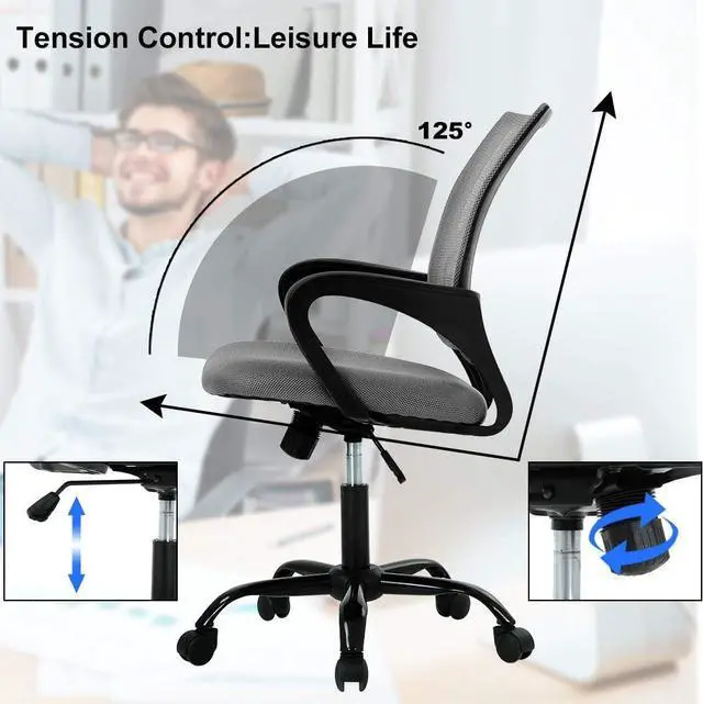 Alt view image 3 of 7 - Ergonomic Office Chair, Mid Back Mesh Desk Chair with Lumbar Support & Armrest - Breathable, Height Adjustable Rolling Task Executive Chairs for Adults, Grey