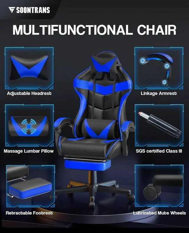 Alt view image 3 of 7 - Soontrans Gaming Chair with Footrest,Gaming Computer Chair, Office Gaming Chair Ergonomic Gamer Chair with Height Adjustment,Headrest and Lumbar Support Gamer Chair(Storm Blue)