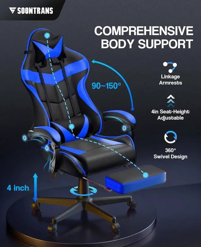 Alt view image 5 of 7 - Soontrans Gaming Chair with Footrest,Gaming Computer Chair, Office Gaming Chair Ergonomic Gamer Chair with Height Adjustment,Headrest and Lumbar Support Gamer Chair(Storm Blue)