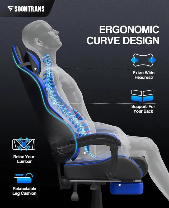Alt view image 6 of 7 - Soontrans Gaming Chair with Footrest,Gaming Computer Chair, Office Gaming Chair Ergonomic Gamer Chair with Height Adjustment,Headrest and Lumbar Support Gamer Chair(Storm Blue)