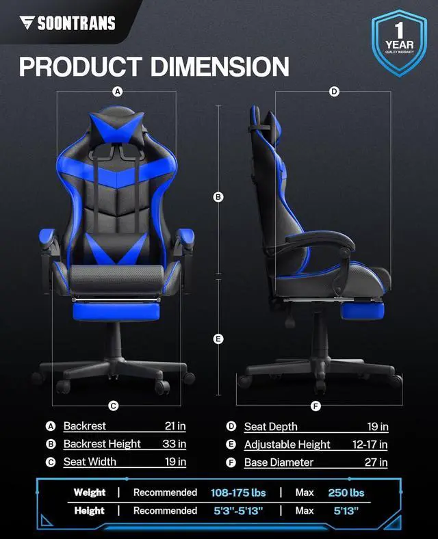 Alt view image 7 of 7 - Soontrans Gaming Chair with Footrest,Gaming Computer Chair, Office Gaming Chair Ergonomic Gamer Chair with Height Adjustment,Headrest and Lumbar Support Gamer Chair(Storm Blue)