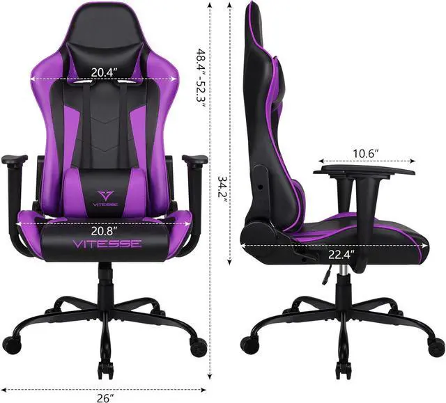 Alt view image 3 of 7 - Generic PUKAMI Gaming Chair High Back for Teens Ergonomic Racing Computer Desk with Comfortable Lumbar Support and Headrest Girl Gamer Height Adjustable (Purple), 48*26*22 inch