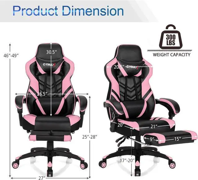 Alt view image 3 of 7 - POWERSTONE Gaming Chair Video Game Chair with Footrest and Lumbar Support Racing Style PU Leather Computer Chair Ergonomic Adjustable Swivel Task Chair Pink