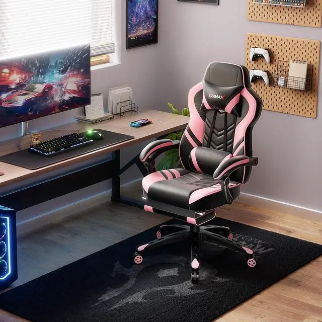 Alt view image 2 of 7 - POWERSTONE Gaming Chair Video Game Chair with Footrest and Lumbar Support Racing Style PU Leather Computer Chair Ergonomic Adjustable Swivel Task Chair Pink