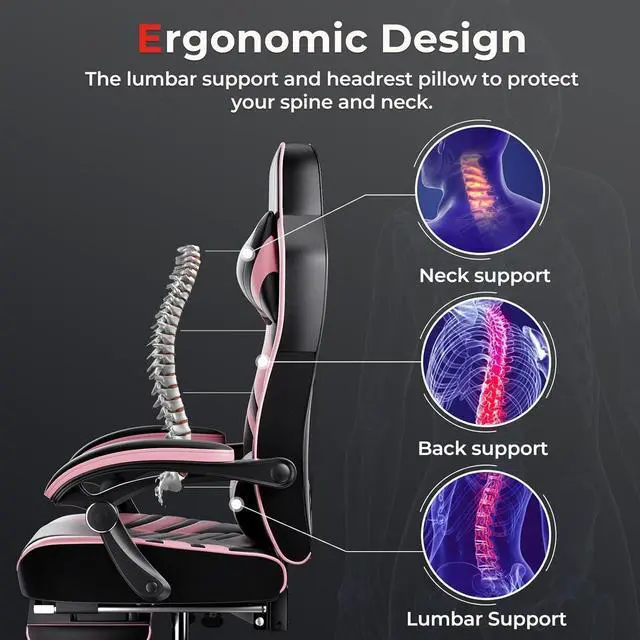 Alt view image 4 of 7 - POWERSTONE Gaming Chair Video Game Chair with Footrest and Lumbar Support Racing Style PU Leather Computer Chair Ergonomic Adjustable Swivel Task Chair Pink