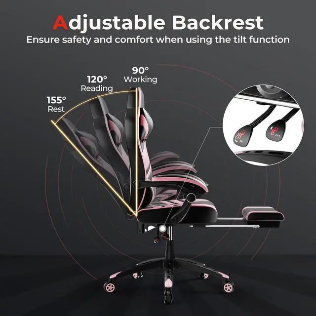 Alt view image 5 of 7 - POWERSTONE Gaming Chair Video Game Chair with Footrest and Lumbar Support Racing Style PU Leather Computer Chair Ergonomic Adjustable Swivel Task Chair Pink