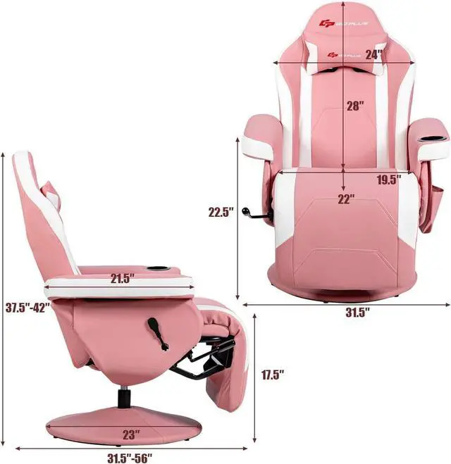 Alt view image 3 of 7 - Goplus Pink Massage Gaming Chair, Racing Style Gaming Recliner w/Adjustable Backrest and Footrest, Ergonomic High Back PU Leather Computer Office Chair Swivel Game Chair w/Cup Holder and Side Pouch