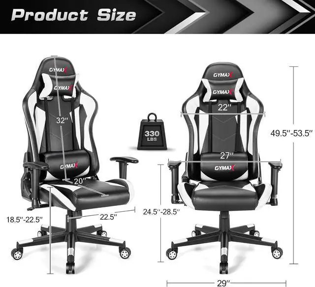 Alt view image 3 of 7 - GYMAX Computer Gaming Chair, Racing Style Office Chair with Adjustable Lumbar Support Headrest, 360° Swivel, Height Adjustable Ergonomic Reclining Gaming Chair for Home Office Leisure Room (White)