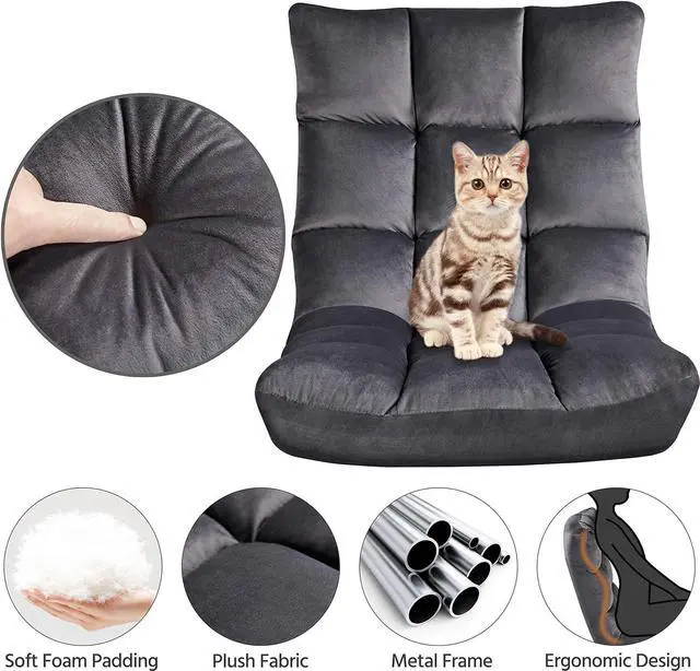 Alt view image 6 of 7 - Yaheetech Floor Folding Chair with Back Support, Padded Folding Gaming Sofa Chair with 14 Adjustable Backrest, Adults Couch Recliner, Floor Seating Lounge Chair, Armless Meditation Chair, Gray