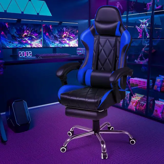Alt view image 4 of 7 - Gaming Chair with Footrest and Massage Lumbar Support, Computer Game Chairs Ergonomic Office Seat Height Adjustable with Headrest, Blue