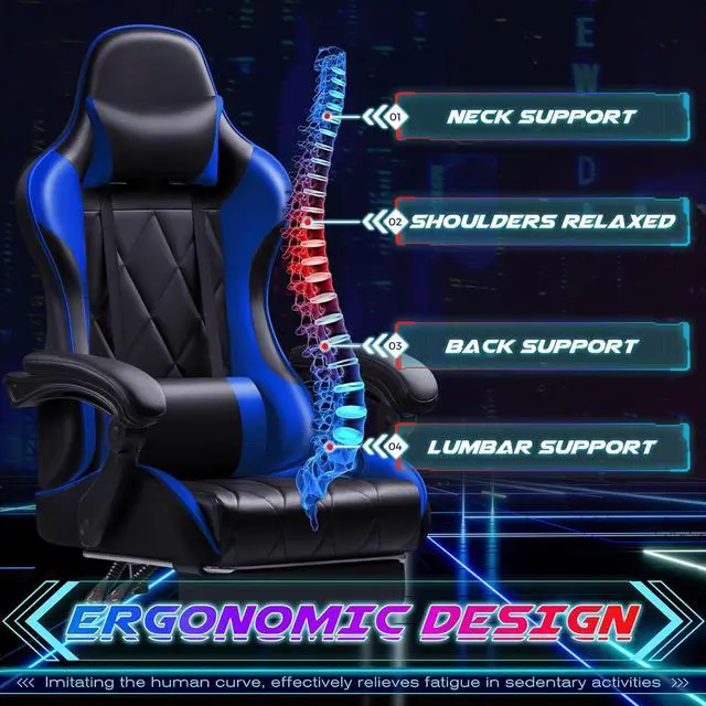 Alt view image 6 of 7 - Gaming Chair with Footrest and Massage Lumbar Support, Computer Game Chairs Ergonomic Office Seat Height Adjustable with Headrest, Blue