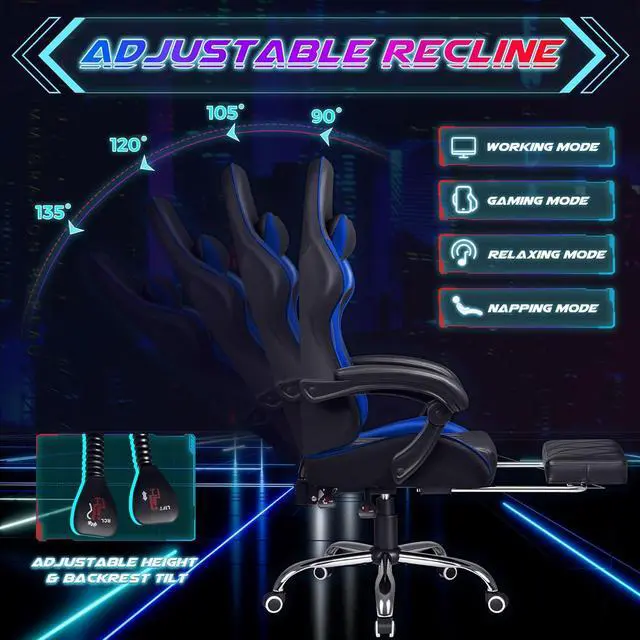 Alt view image 7 of 7 - Gaming Chair with Footrest and Massage Lumbar Support, Computer Game Chairs Ergonomic Office Seat Height Adjustable with Headrest, Blue