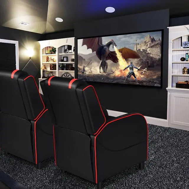 Alt view image 2 of 7 - GYMAX Gaming Recliner, Massage Gaming Chair with Adjustable Footrest, Remote Control & Side Pocket, Ergonomic Game Lounge Chair, Racing Style Single Theater Seat Game Sofa for Adults (Red)