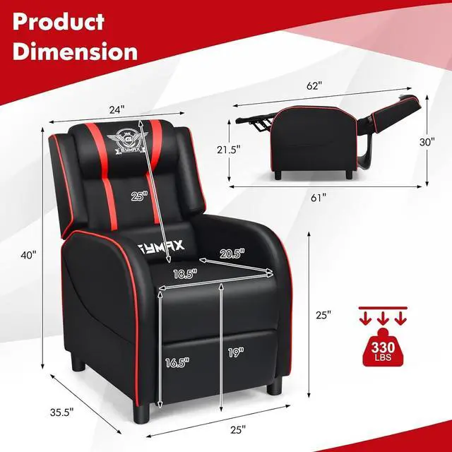Alt view image 3 of 7 - GYMAX Gaming Recliner, Massage Gaming Chair with Adjustable Footrest, Remote Control & Side Pocket, Ergonomic Game Lounge Chair, Racing Style Single Theater Seat Game Sofa for Adults (Red)