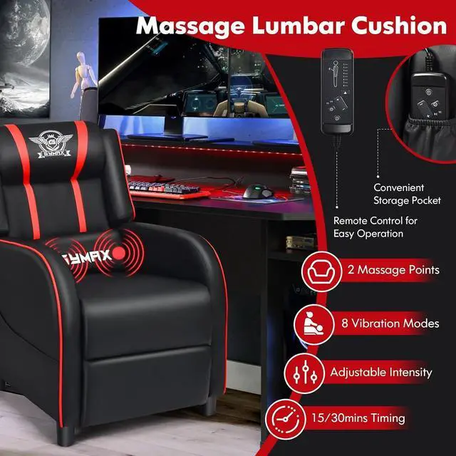 Alt view image 4 of 7 - GYMAX Gaming Recliner, Massage Gaming Chair with Adjustable Footrest, Remote Control & Side Pocket, Ergonomic Game Lounge Chair, Racing Style Single Theater Seat Game Sofa for Adults (Red)