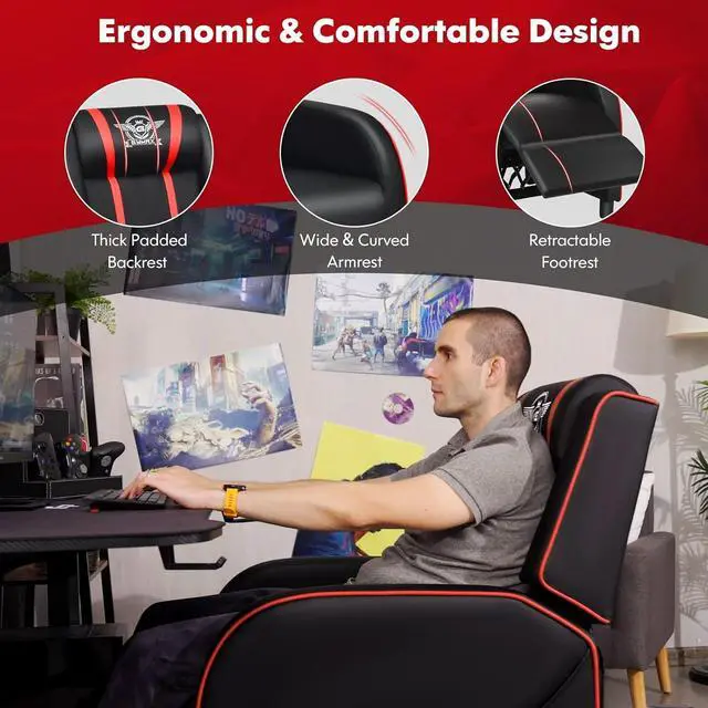 Alt view image 5 of 7 - GYMAX Gaming Recliner, Massage Gaming Chair with Adjustable Footrest, Remote Control & Side Pocket, Ergonomic Game Lounge Chair, Racing Style Single Theater Seat Game Sofa for Adults (Red)