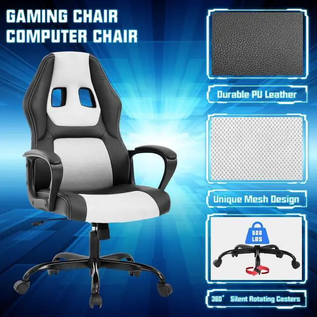Alt view image 5 of 7 - Gaming Chair PC Office Chair Ergonomic Gamer Chair PU Leather Executive Computer Chair with Lumbar Support High Back Adjustable Rolling Swivel Desk Chair for Adult Teen, White