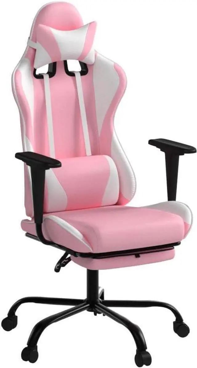 Alt view image 5 of 7 - Pink Gaming Chair Office Chair Desk Chair for Girls, High Back Ergonomic PC Racing Chair w/Lumbar Support & Retractable Footrest PU Leather Recliner Swivel Cute Computer Game Chair for Women