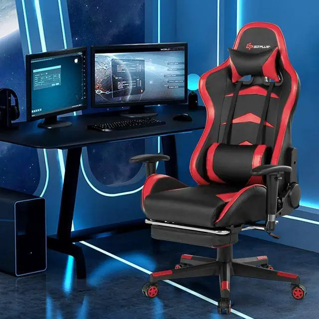 Alt view image 2 of 7 - Goplus Massage Gaming Chair, Reclining Backrest, Handrails and Seat Height Adjustment Racing Computer Office Chair, High Back Ergonomic PU Leather Swivel PC Game Chair with Footrest (Red)